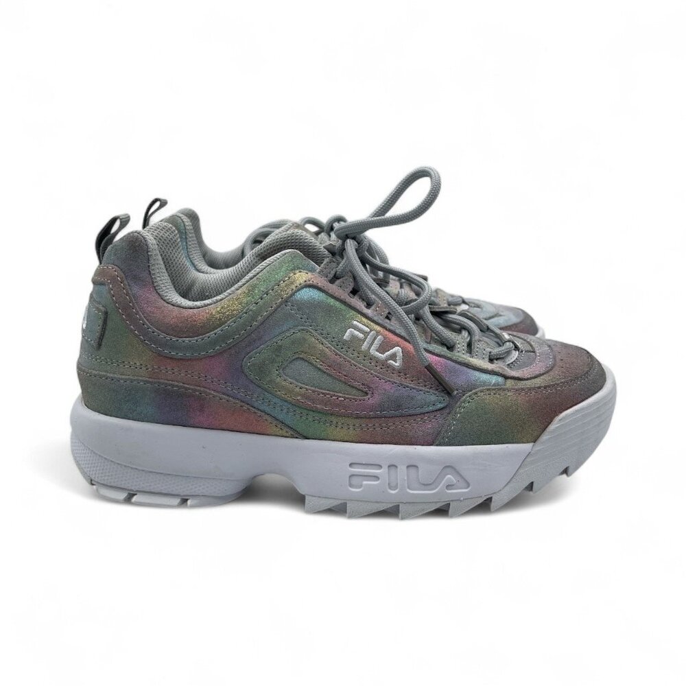 FILA women's disruptor II prism iridescent gray grey suede shoes sneakers SZ 8.5
